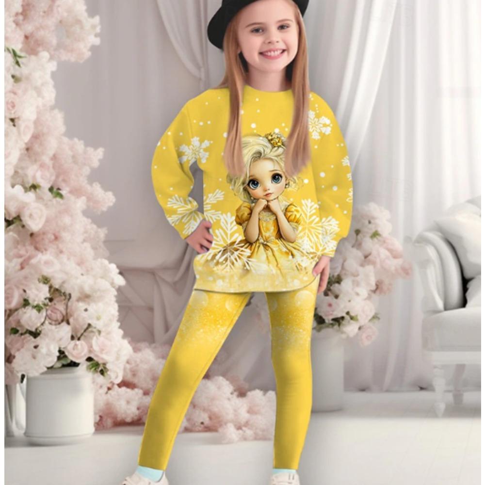 Girls' Doll Princess Casual Comfortable Soft Loose Pullover Sweatshirt and Leggings 2-Piece Set, New Autumn/Winter, Playful, Sweet and Cool Style
