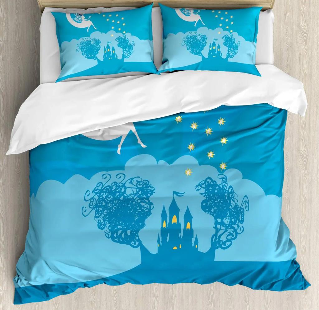 Fantasy Märchen Weiche Bettbezug-Set, Mädchen Flügel plus Schmetterlinge Kleiner Kobold Elf Wald Bettwäsche Set Wodlplus Warmer Deckenbezug Königin