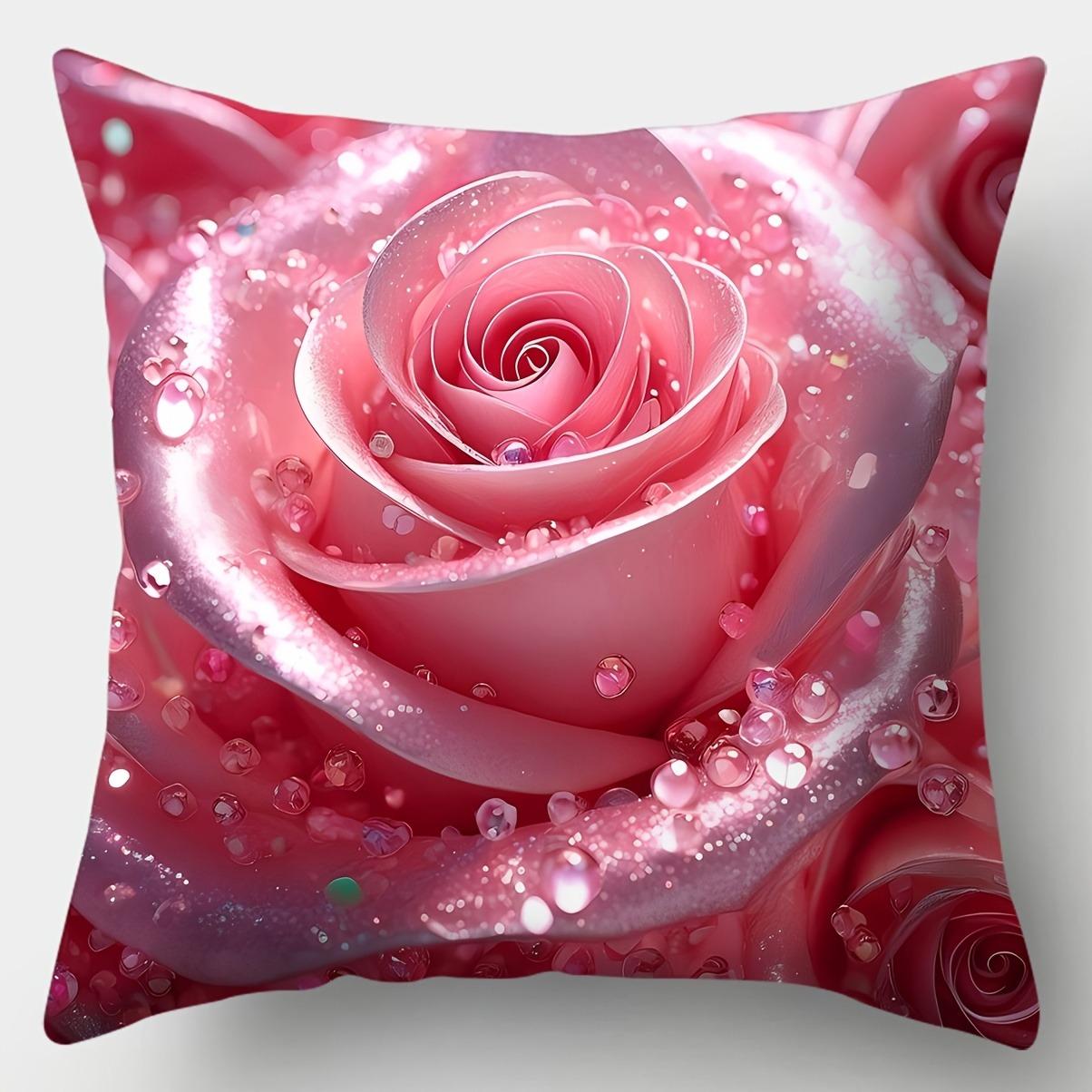 

Floral pillowcase with sparkling hearts and pink rosesBedroom Sofa Decorative Cushion Cover With Zipper Soft Cushion Cover 16x16Inch
