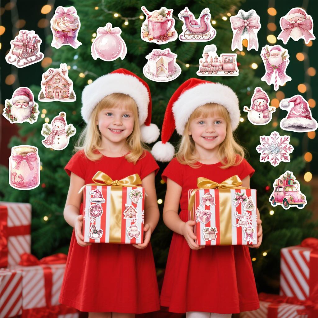 50 Cartoon Pink Christmas Doodle Stickers Decorate Guitar Notebook Suitcase DIY Waterproof