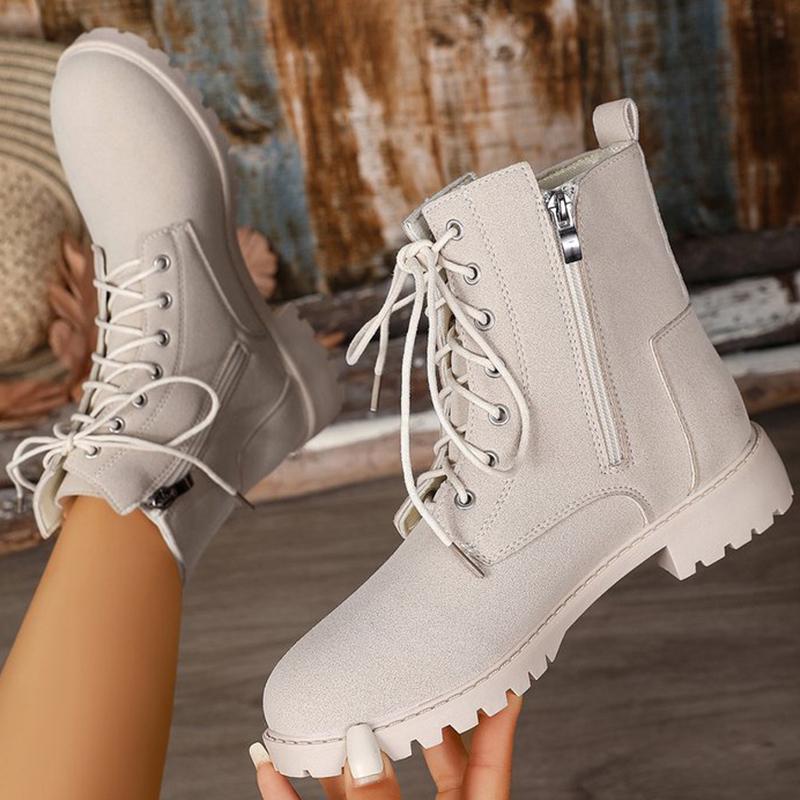 Fashion Retro Solid Zip Ankle Boots for Women Autumn Winter Square Heel Lace-Up Women\'s Boots Plus Size Round Toe Shoes of Woman