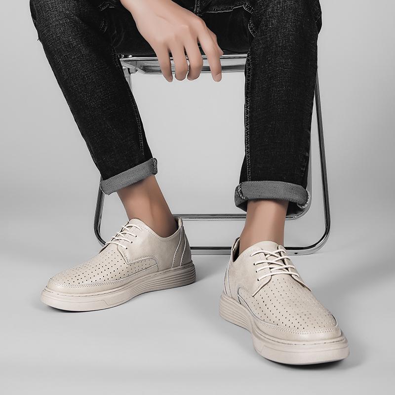 Fashion 2025 Big Size Leather Lace-up Casual Shoes for Men Air Cushion Platform Shoes with Perforated Design Comfortable Walking Shoes