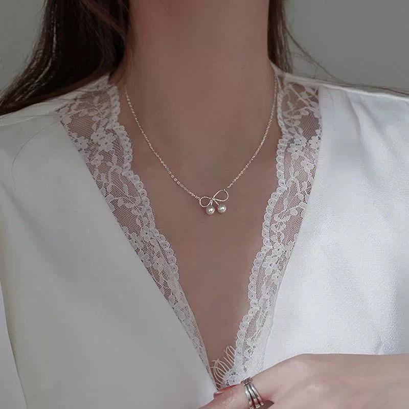 Pearl Bow Necklace Female Cold Wind Design Collarbone Chain Gentle Fairy Necklace Premium Durable Quality Useful