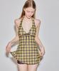 VIKINI VENDER Judith Halter Ribbon Skirt Bikini - Brown Check