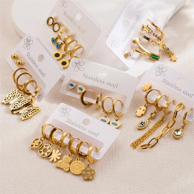 Edelstahl Ohrring Set Schlichte Liebe Diamantbesetzter Titanstahl Schmetterling Blume