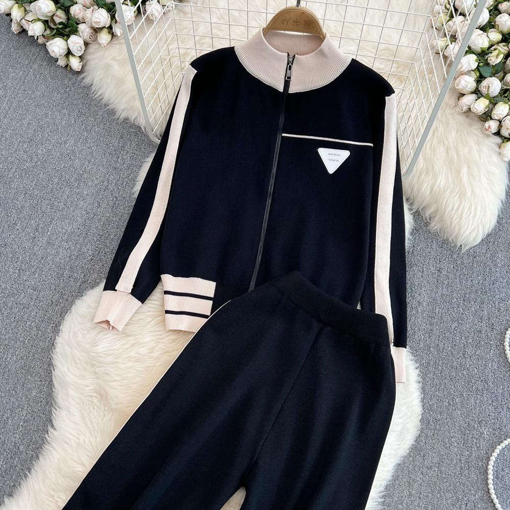 Herbst Winter Kontrast Farbe Gestrickte Pullover Trainingsanzug Volle Hülse Zipper Mantel Jacke und Knöchel-länge Hose Zwei Stück Set