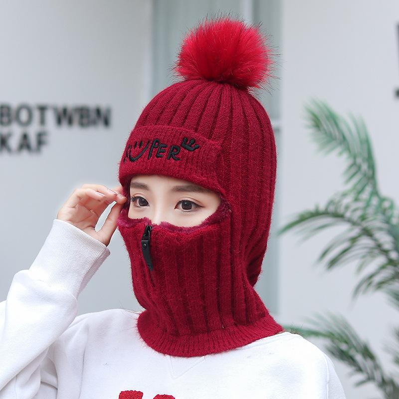 Women's Winter Knitted Hat Warm Zipper Windproof Winter Cap With Neck Warmer