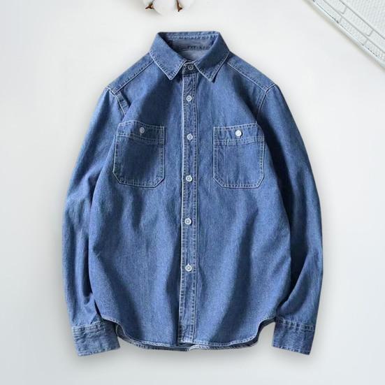 Men Denim Shirt Solid Color Long Sleeve Single Breasted Streetwear Turndown Collar Loose Shirt Coat Jacket Men Clothes