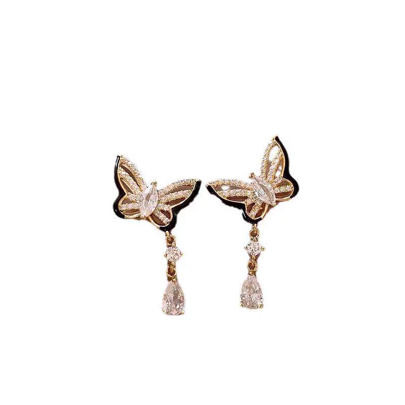 Elegant French Butterfly Tassel Earrings: High-End, Sparkly, Versatile Jewelry for Women