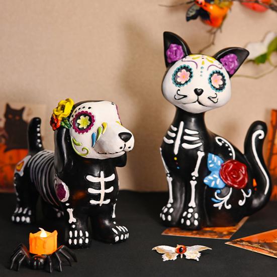 Halloween Ornament Skeleton Cat Dog Shape Resin Statue Indoor Outdoor Cat Sculpture Haunted House Desktop Decor