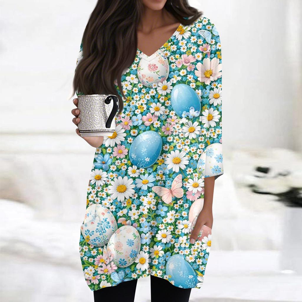 Womens Tops V-neck 3/4 Sleeve Blouses Casual Mid-length Shirts Fashion Print Tunic Tops With Pockets