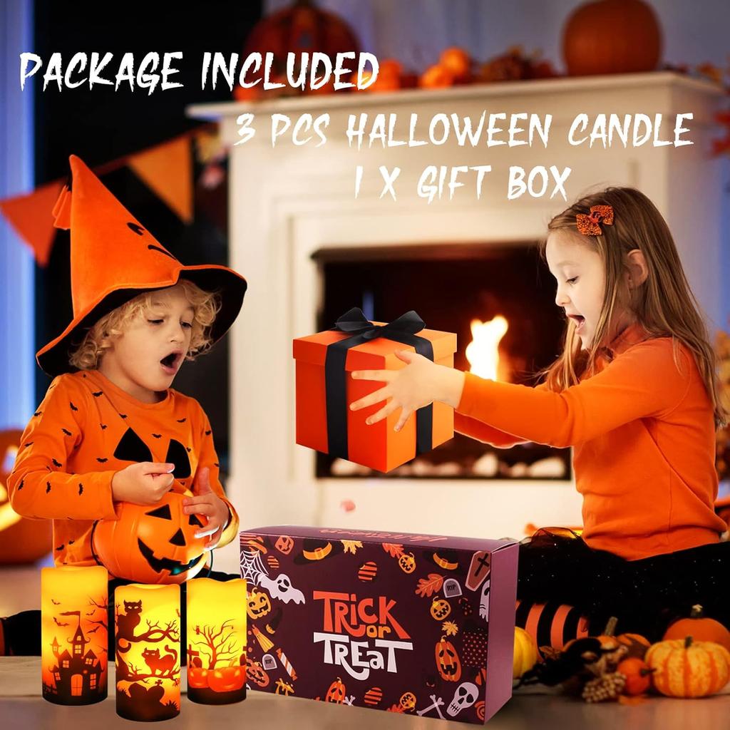 Halloween Candles, Orange Flameless Candles, Battery Operated LED Pillar Candles with Remote Timers Set of 3