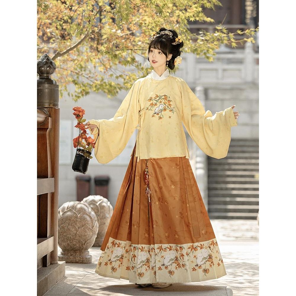 Chinesischer Ming-Dynastie-Stil Hanfu Rundhalsrobe Pipa-Ärmel Pferdegesicht-Rock Anzug für Frauen