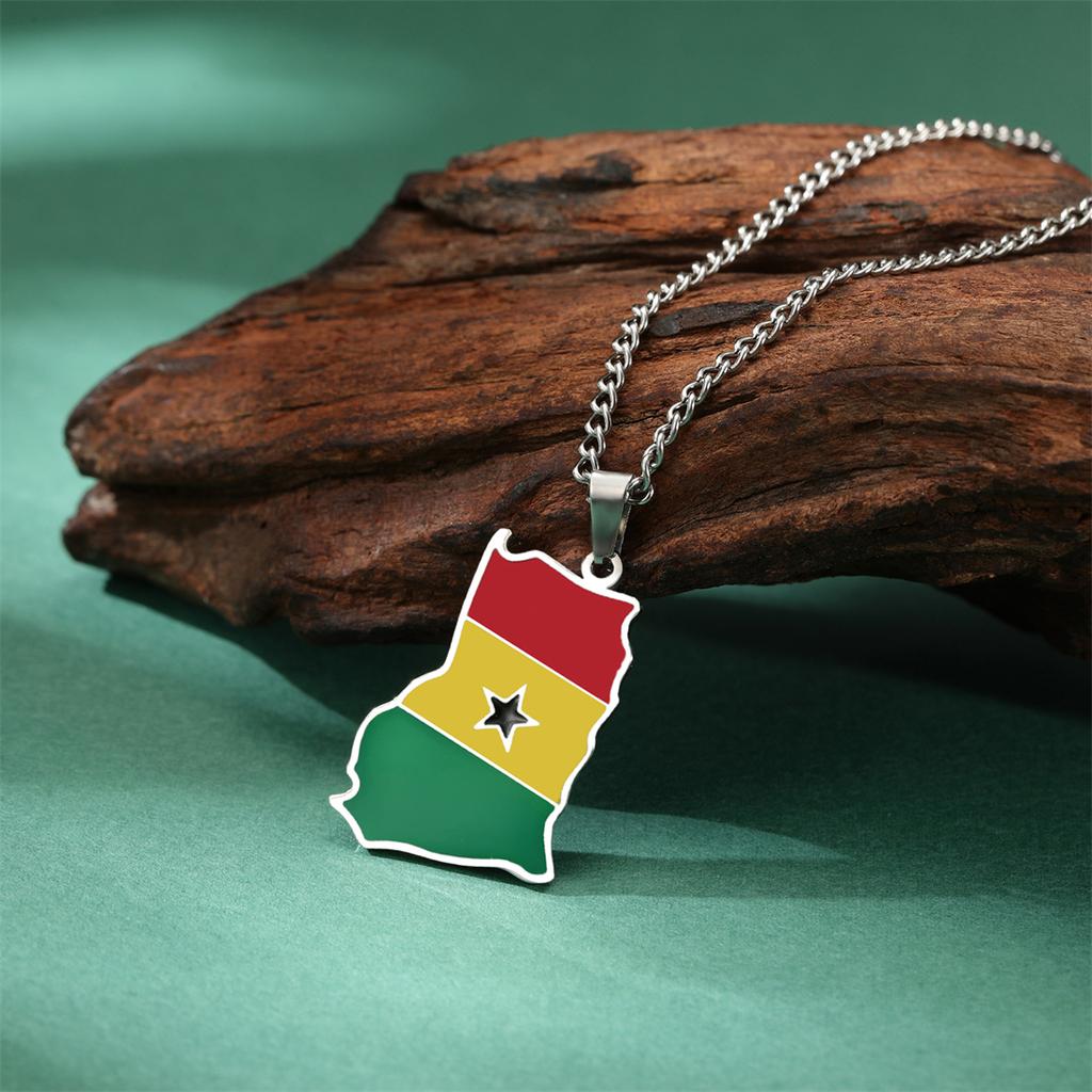 Collana Ciondolo Mappa Bandiera Africa Ghana Smalto Uomo Donna Acciaio Inossidabile Colore Oro Argento Gioielli Africani Ghanesi Regali