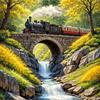 5D Diamond Painting Kit Suitable for Adults & Beginners - Steam Train, Stone Bridge & Waterfall Landscape with Round Beads, Vibrant Colors, Frameless 