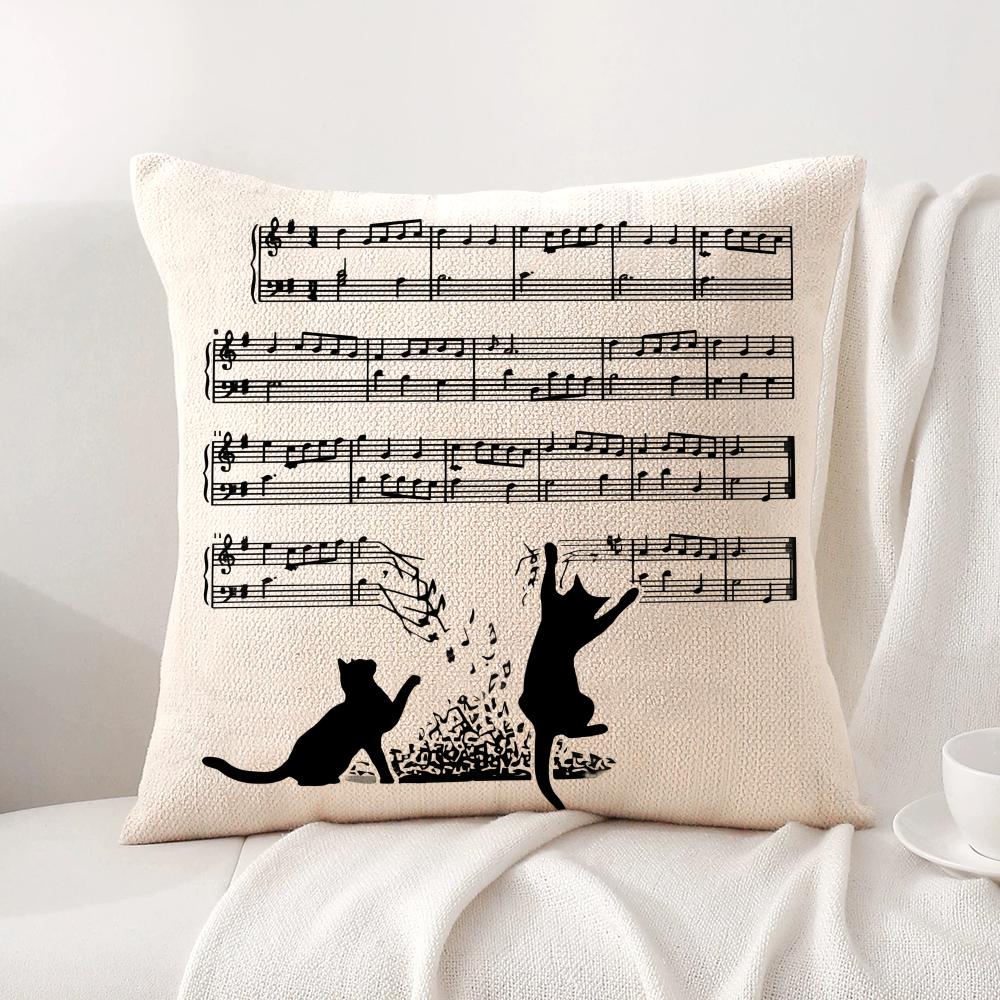 Music and Cat Cushion Cover Natural Linen Organic Fabric DoubleSided Printing Sofa Home Decor Breathable Bed Pillow