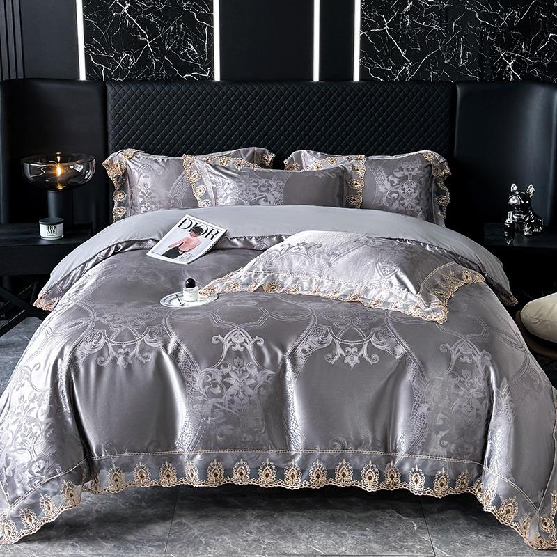 Luxury European Lace Trim Jacquard Silk Bedding Set Duvet 200*230cm, 2 Pillowcases