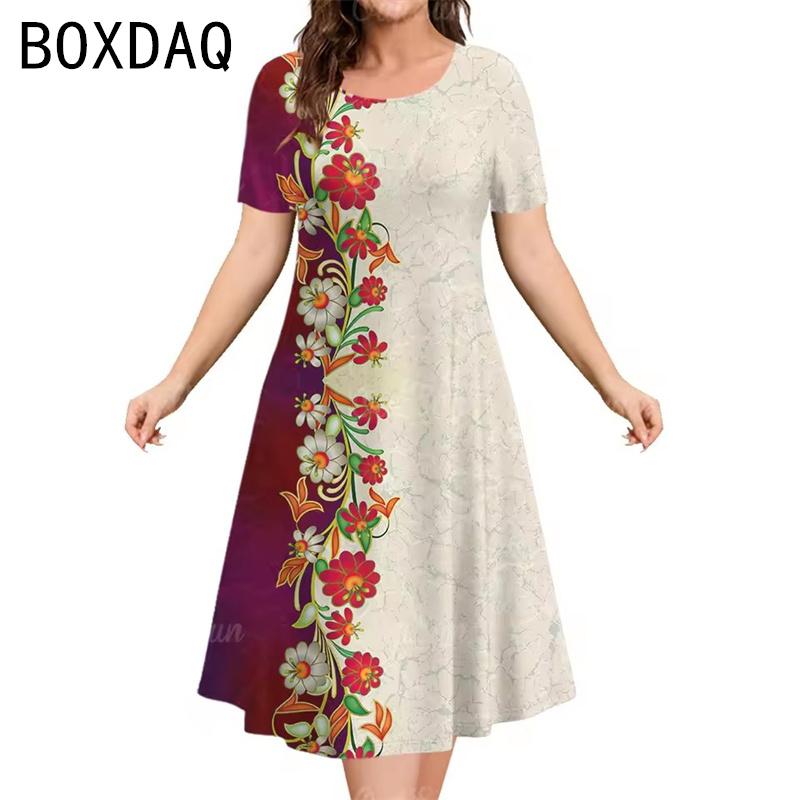 Oversized Women Dress Elegant Vintage 3D Floral Gradient Printed Dress Big Size Summer Short Sleeve Loose Casual A-Line Dress