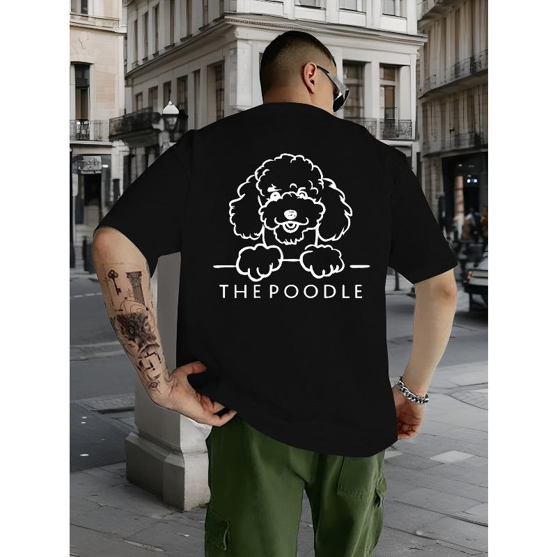 Европейский размер Плюс размер Мужская летняя футболка, Минималистичная футболка с принтом пуделя, Короткий рукав, Модные повседневные топы для повседневной жизни, Большие размеры S