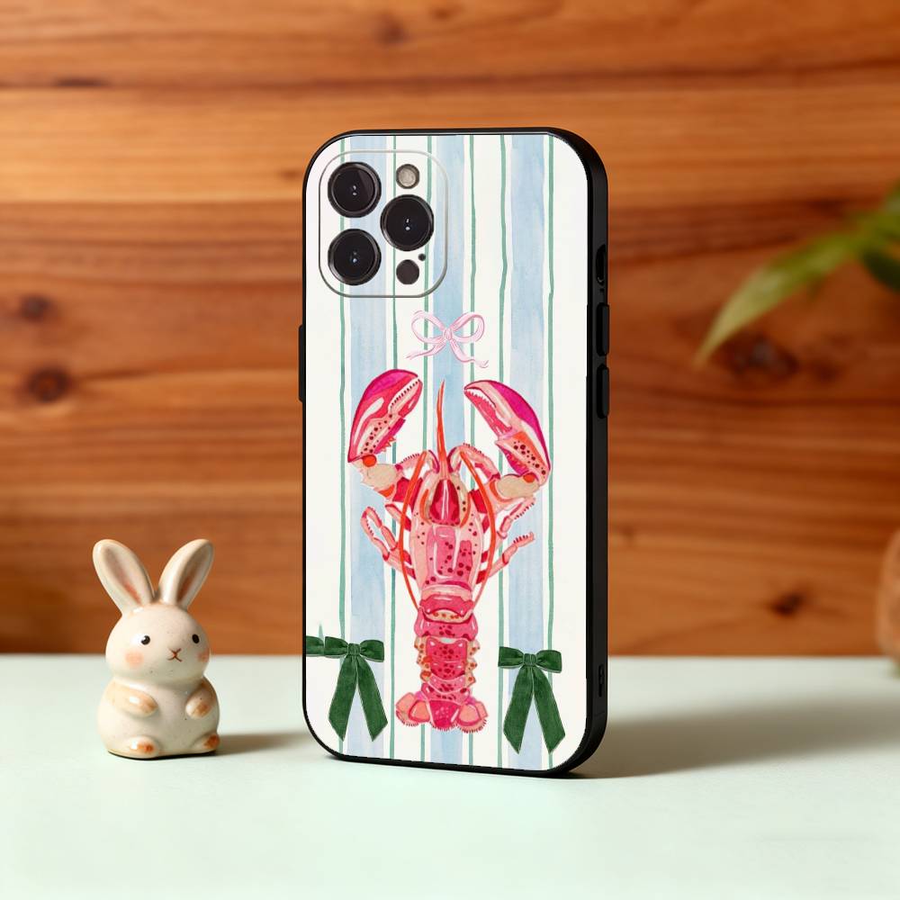 1PC Illustration of a Lobster Phone Case For iPhone17,16,15,14,13,12Plus,Pro Max,XS,5G Soft Silicone Black Cover