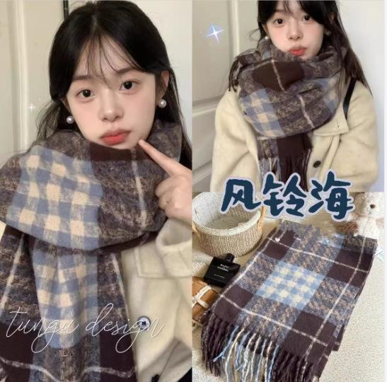 Korean atmosphere Mohair plaid plush scarf women's 1116 autumn and winter warm atmosphere couple scarf