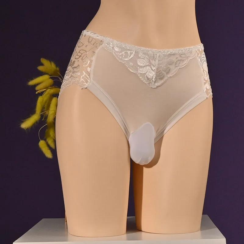 M-3Xl Large Size Sissy Pouch Panties Men Lace See Through Crossdressing Briefs Bullet Separation Underpant Gay Erotic Brief