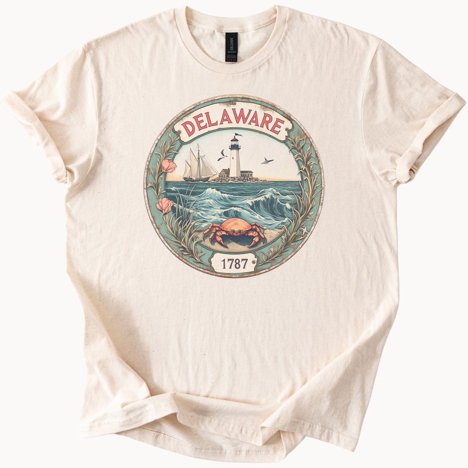 Delaware Lighthouse Sailboat Ocean Crab Graphic T Shirt Delaware State Beach Nautical Scene Sea Life Art 1787 Coastal Apparel Gift 120