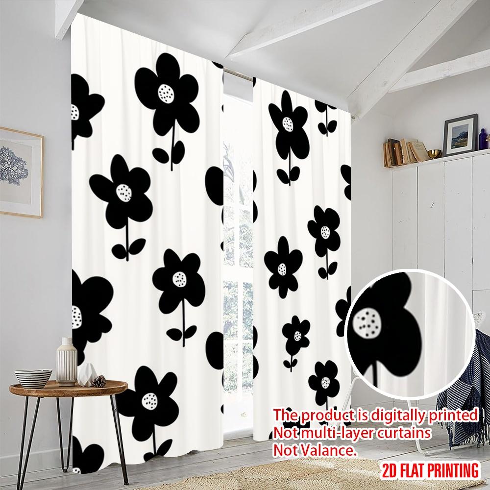 2pcs,2D plane printing Minimalist Curtains Black Floral Silhouette Design Versatile Durable Polyester (without rod) Room Decor