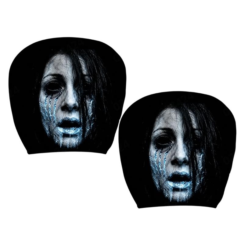 Vehicle Headrest Cover Set with Dark Print Halloween Theme, 2 Piece Polyester Pull-On Headrest Sleeve for Spooky Seat Styling Use