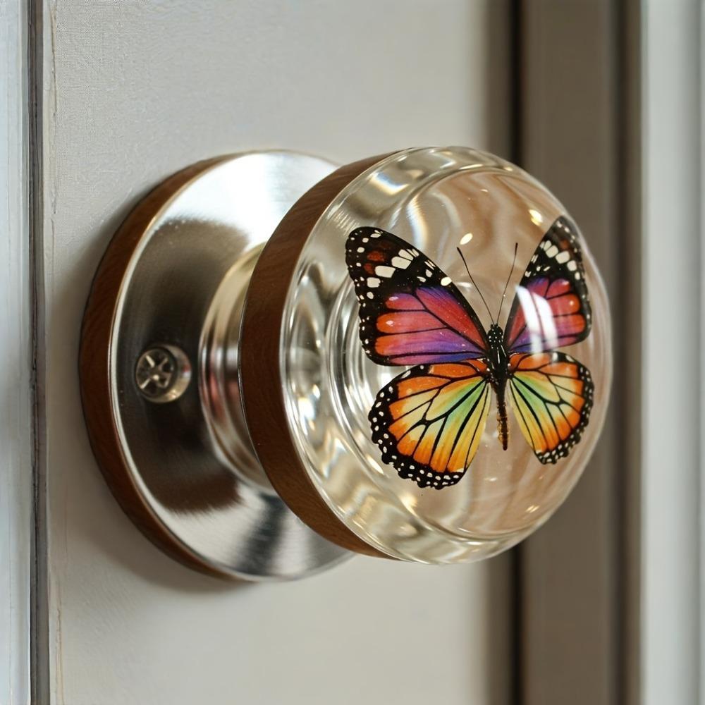 Retro Round Resin Door Handle - Realistic Fish and Floral Design, Crystal Transparent Spherical Door Handle, Artistic Natural Style Decoration