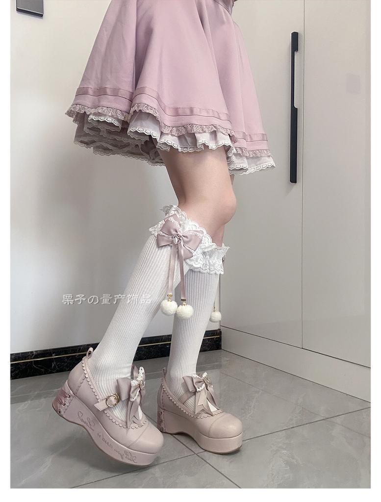 Long Tube Hairball Bow Medium Tube Socks Lolita Above Knee Socks Lace Stockings Jk Girl
