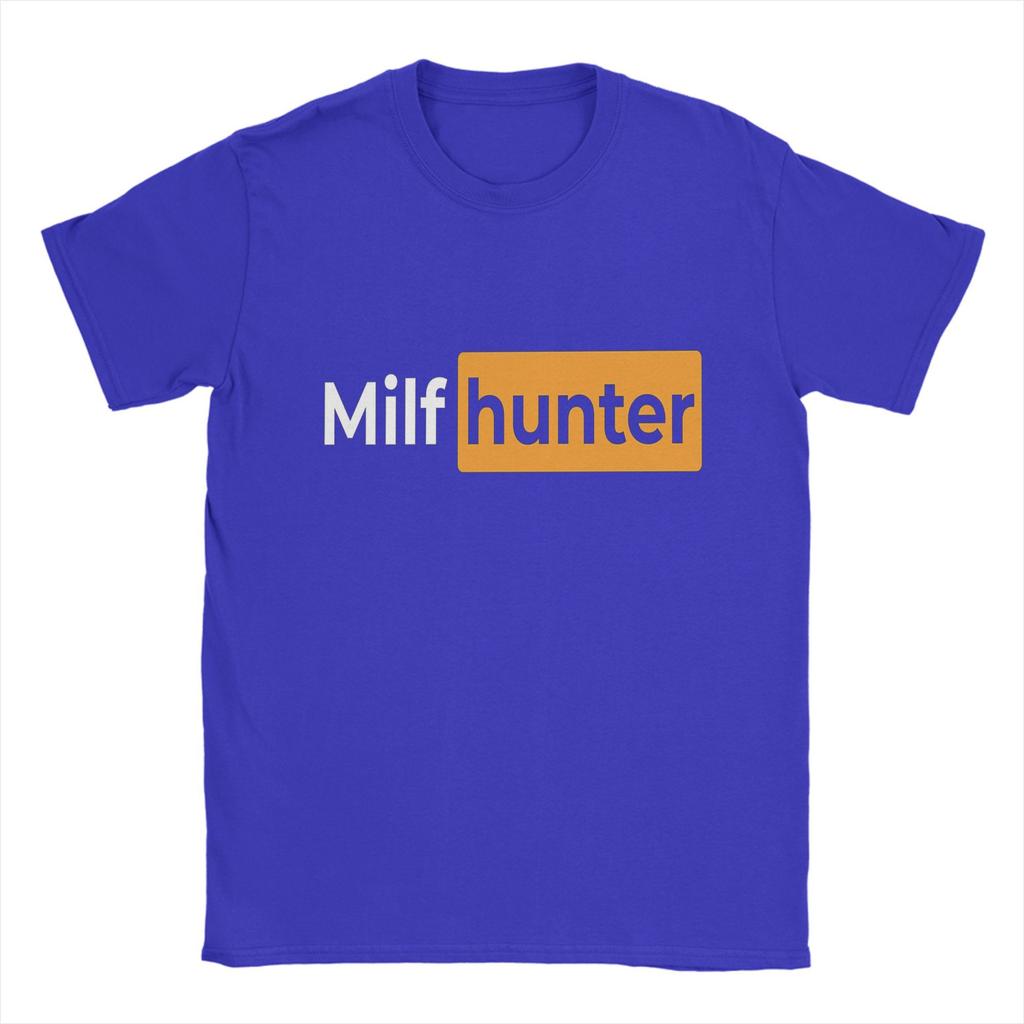 Cool Or Funny Men's T Shirts   Milf hunter Sticker Novelty Tees Short Sleeve O Neck T-Shirts Pure Cotton Gift Idea Clothing