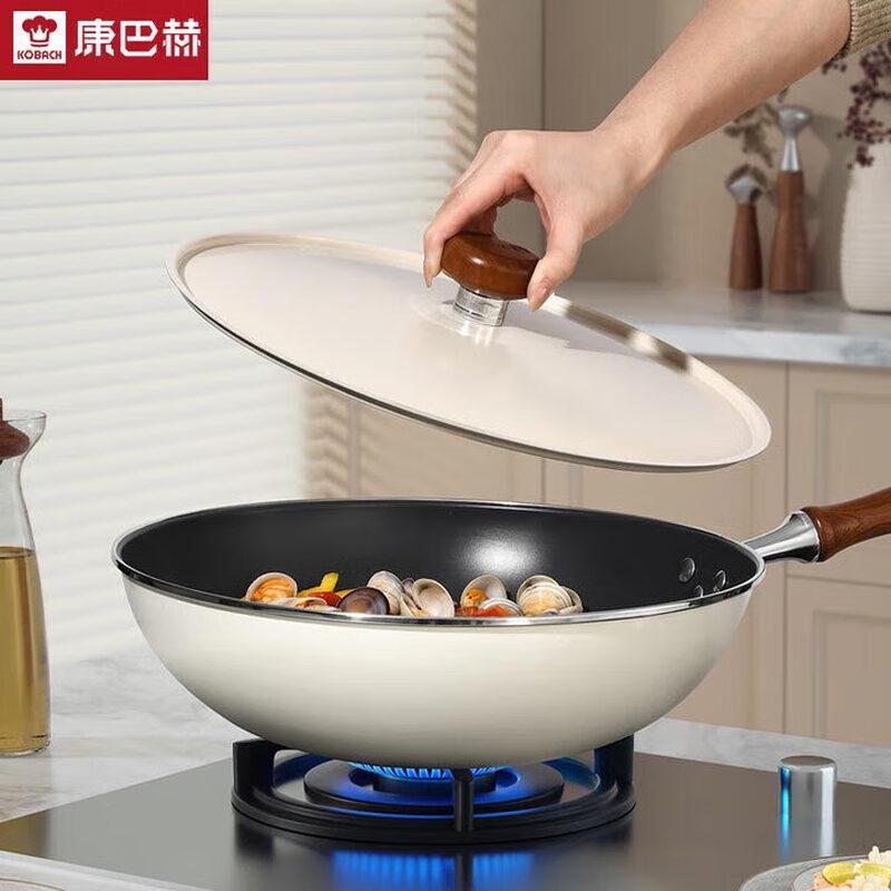 Kangbache Titanium 32cm Non-Coated 304 Stainless Steel Wok