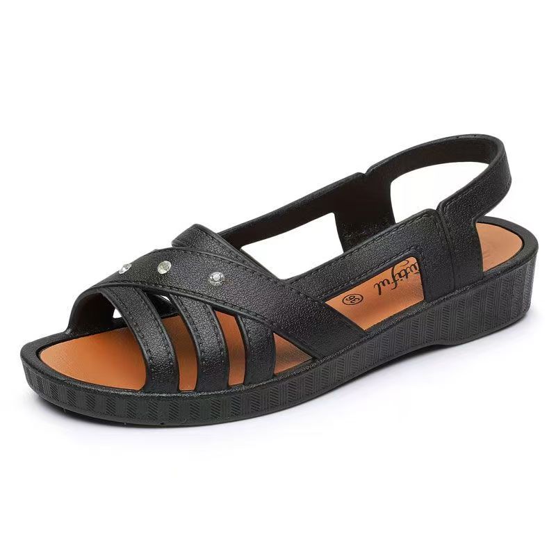 Women's Summer Flat Sole Peep Toe Beach Sandals Shallow Slip On Hollow Out Lightweight Non Slip Middle Aged And Elderly Sandal