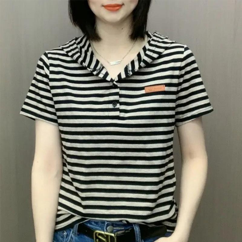 Casual large-size short-sleeved summer new foreign-style versatile loose literary hooded short-sleeved T-shirt top