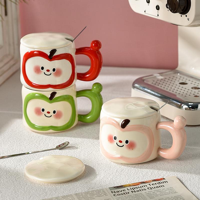 Cute Apple Mug Couple Design Feeling Niche with Lid with Spoon Ceramic Household Lady's High Pretty Drinking Water Cup