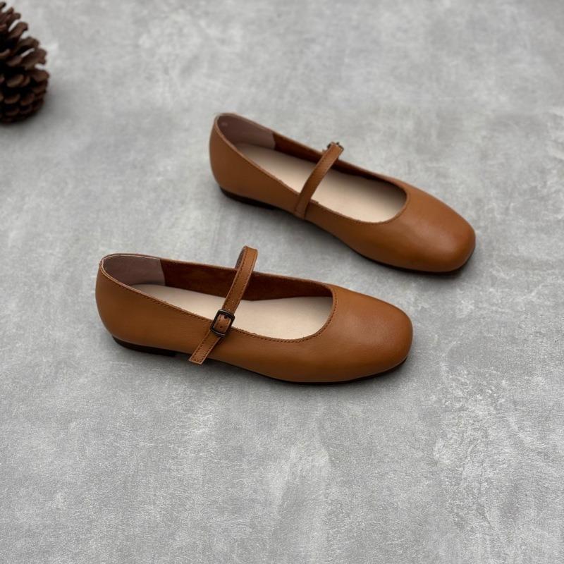Mary Jane Leather Single Shoes Round Toe Flat Soft Cowhide Women's Shoes