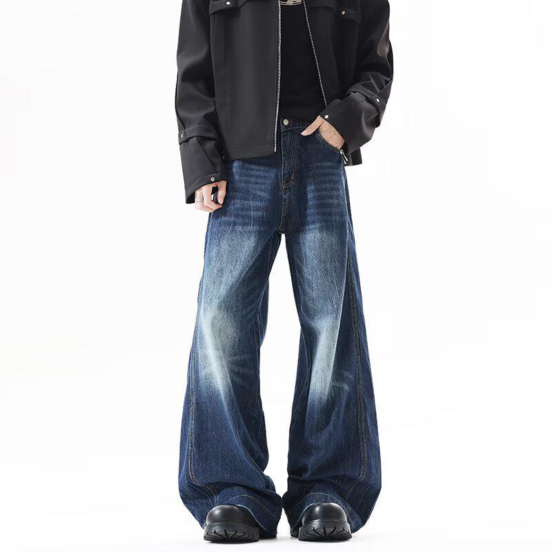 

Retro Washed Wide-Leg Jeans: Unisex Dark Blue Whiskered Loose Fit XL