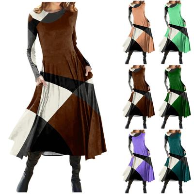 Women's Fashion Casual Printed Round Neck Pullover Slim Fitting Long Sleeve Dress