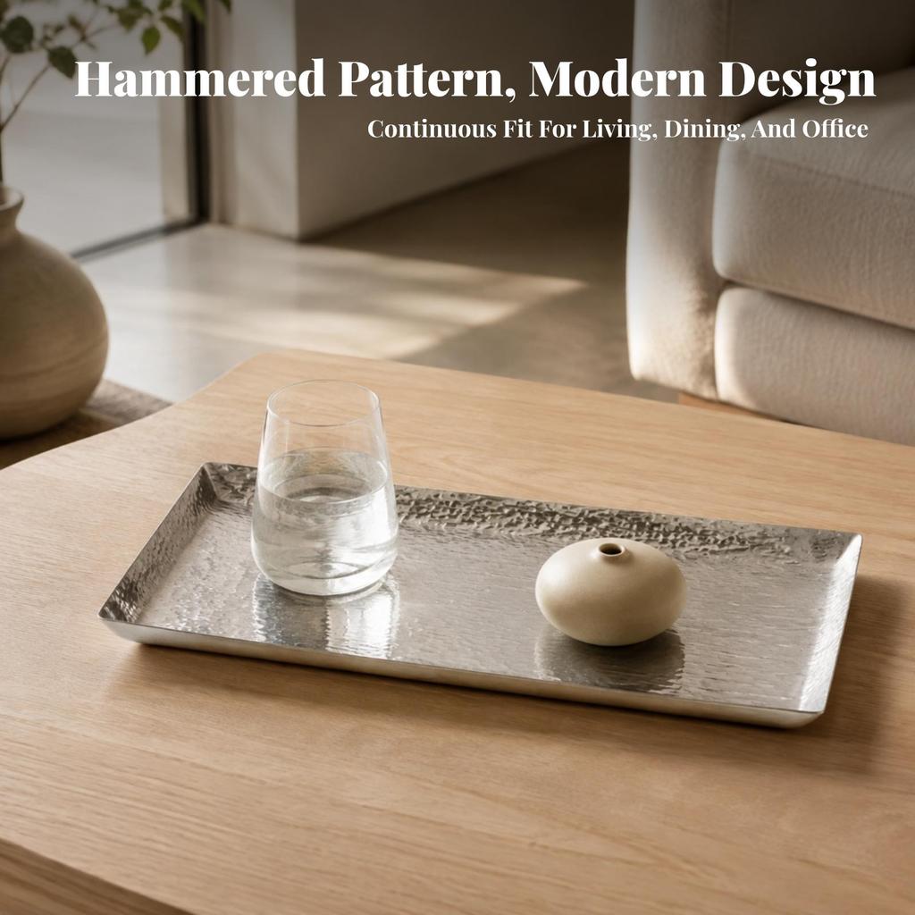 Hammered Rectangular Tray Low-Height Metal Silver-Tone for Dresser
