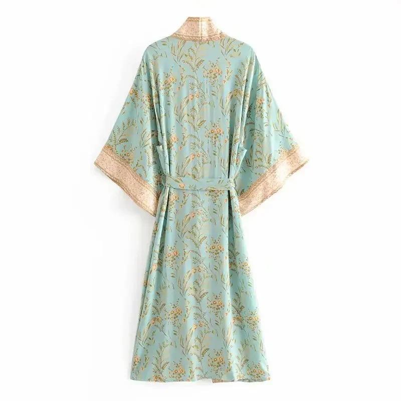 Moda Donna Stampa Floreale Verde Manica a Pipistrello Rayon Spiaggia Boemo Kimono Scollo a V Da Donna Robe Boho