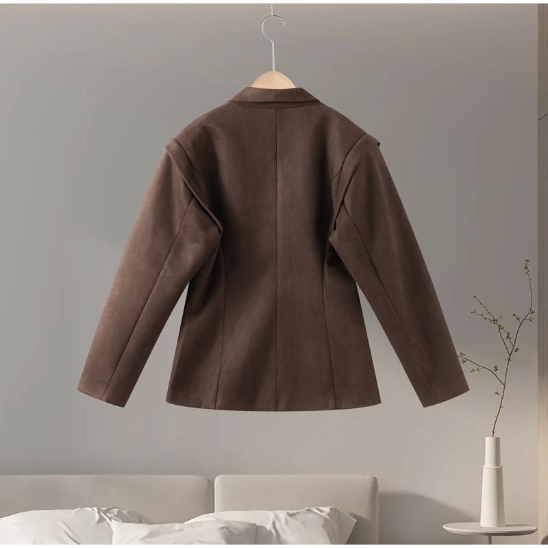 Dark Brown Suede Laplel Jacket Women's Warm Long Sleeve Commute Outerwear Retro British Style Temperament Jacket Autumn 2025