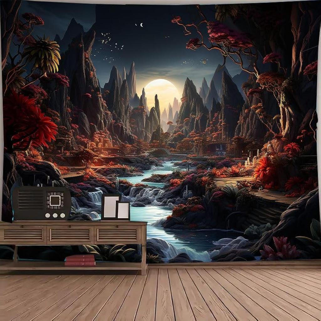 Moon Night Forest Wall TapestryEnchanted Wonderland Glow the Dark Trees Mountain River Nature Landscape Room Decor Tapestries