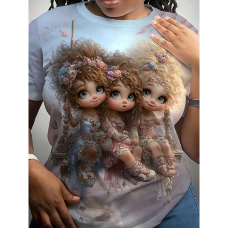 Creative Fashionable Personalized Printed Womens T-shirt Summer Comfort Plus Size Versatile Casual Round Neck Short Sleeved T-shirt