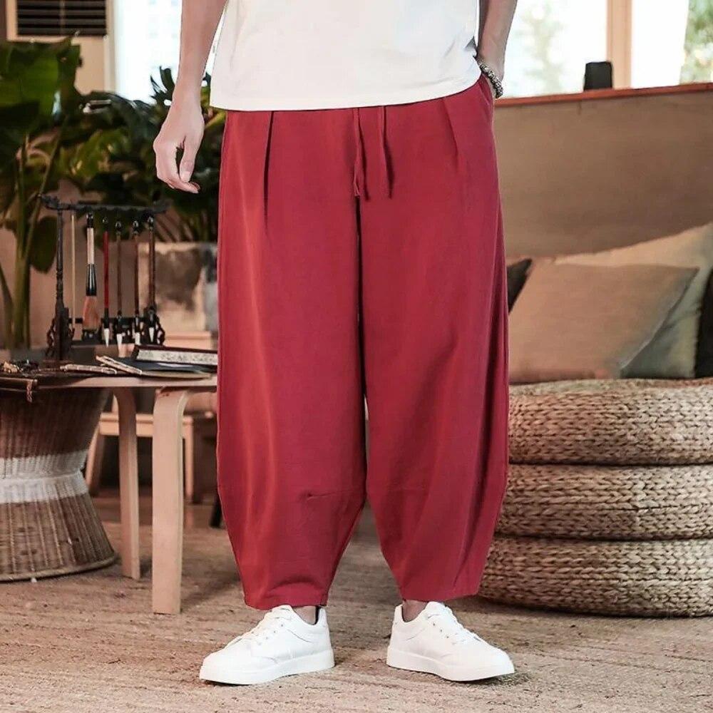 Męskie spodnie bawełniane i lniane Męskie letnie oddychające Nowe, jednokolorowe Męskie luźne spodnie fitness Baggy Streetwear Plus Size