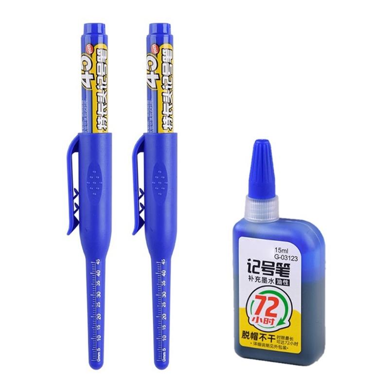2Pcs Refillable Deep Hole Marker Pen With 15ml Refill Inks 45mm Long Tip Marker For Marking On Wood Ceramic Tile Metal