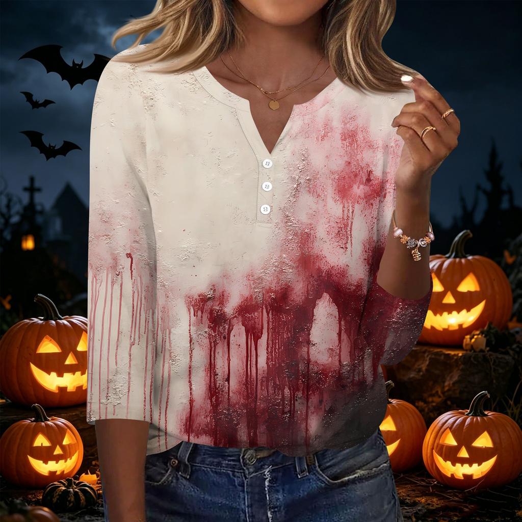 Women's Casual Halloween Print V-Neck Button Three-Quarter Sleeve T-Shirt