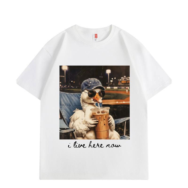 I Live Here Now Funny Goose Meme Graphic T Shirts High Quality Fashion Oversized T-shirts Men Women Short Sleeve T-shirt