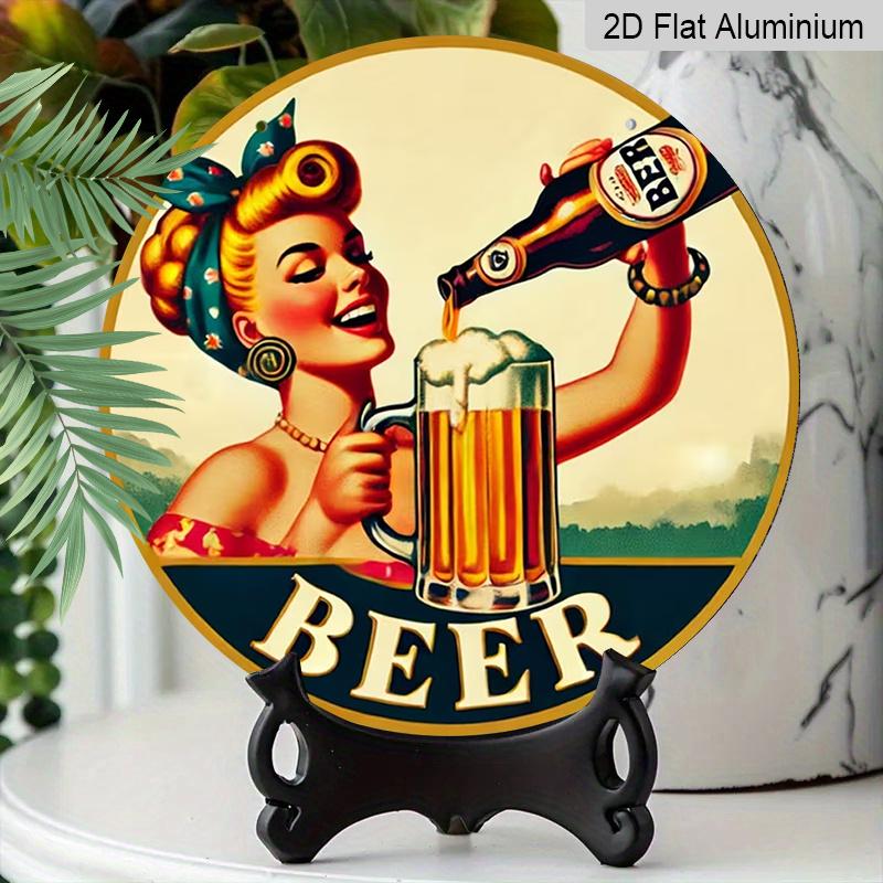 2D Flat Aluminum 7.87 Inch X 7.87 Inch Vintage Woman Pouring Beer Style Wall Hanging. Suitable for Bars, Living Rooms, Home Cellars, Kitchens