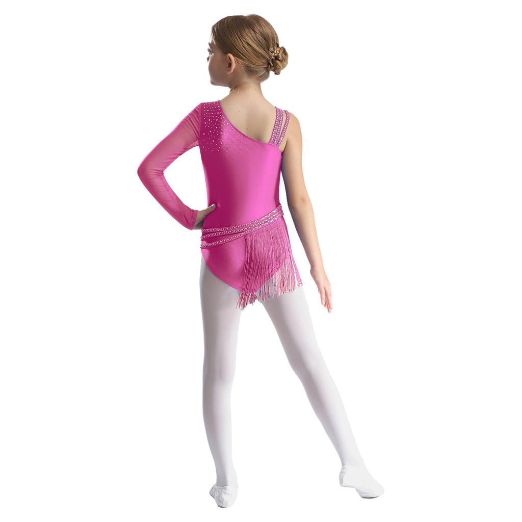 Girls Sparkling Rhinestones Fringe Leotard Irregular Tassel Bodysuit Figure Skating Dance Performance